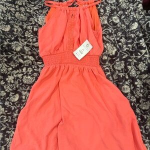 Girls Coral Halter Dress with Smocked Waist